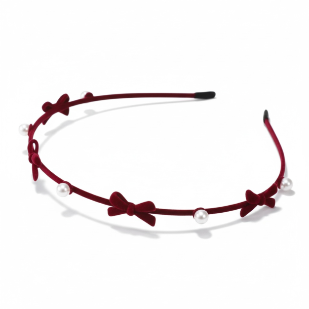 Rdt Velour Hrbnd med Sm Sljfer &amp; Perler