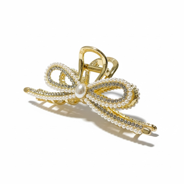 Elegant guld h�rsp�nde med hvide perler og krystaller