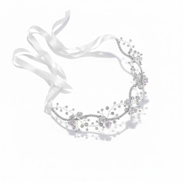 Elegant h�rsmykke med krystaller og blomster - S�lv