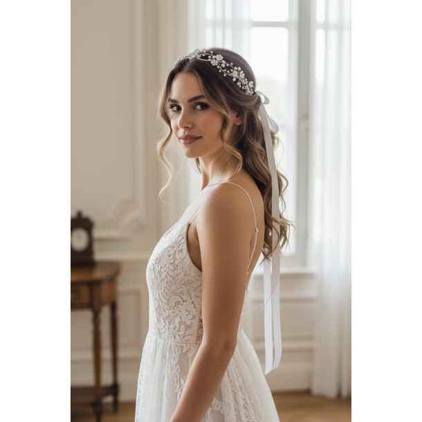 Elegant h�rsmykke med krystaller og blomster - S�lv