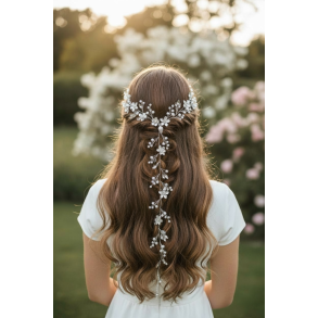 Langt h�r smykke med fine blomster - S�lv