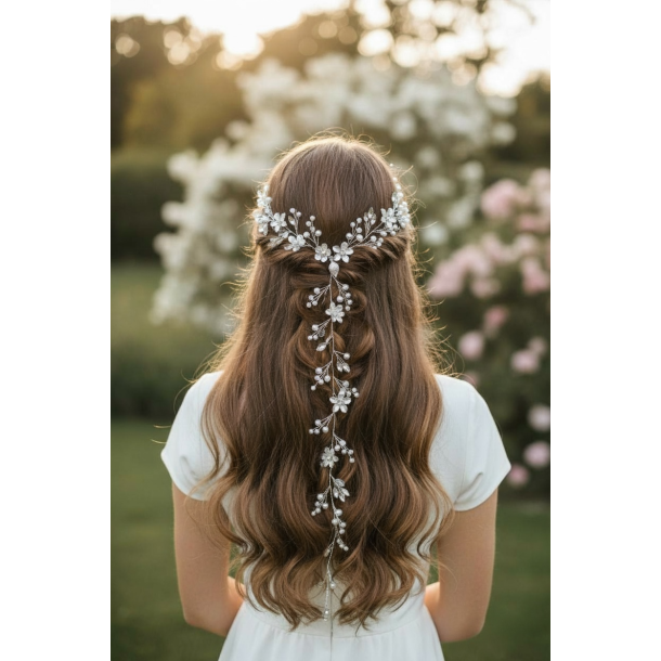 Langt h�r smykke med fine blomster - S�lv