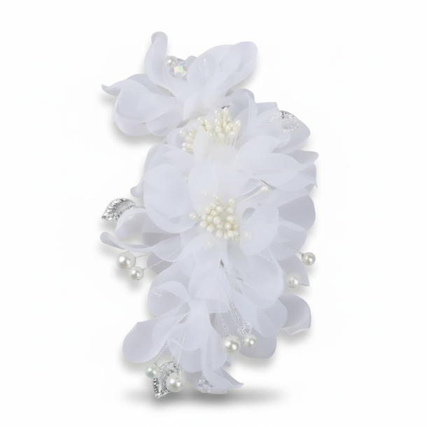 Blomstret h�rsmykke med perler � hvid