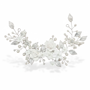 Elegant h�rsmykke med blomster og perler � hvid/s�lv