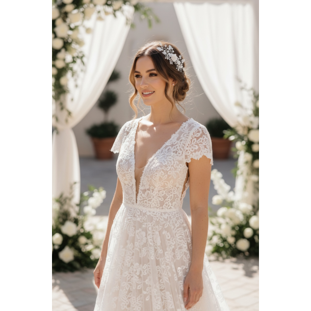 Elegant h�rsmykke med blomster og perler � hvid/s�lv