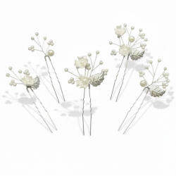 6 stk. H�rn�le med hvide perler og krystalperler - S�lv