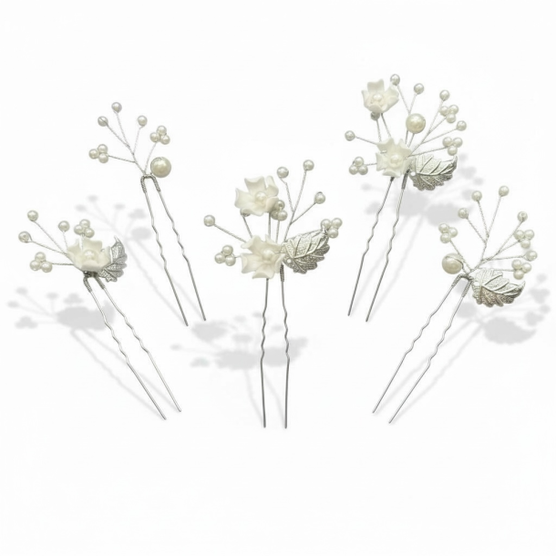 6 stk. H�rn�le med hvide perler og krystalperler - S�lv