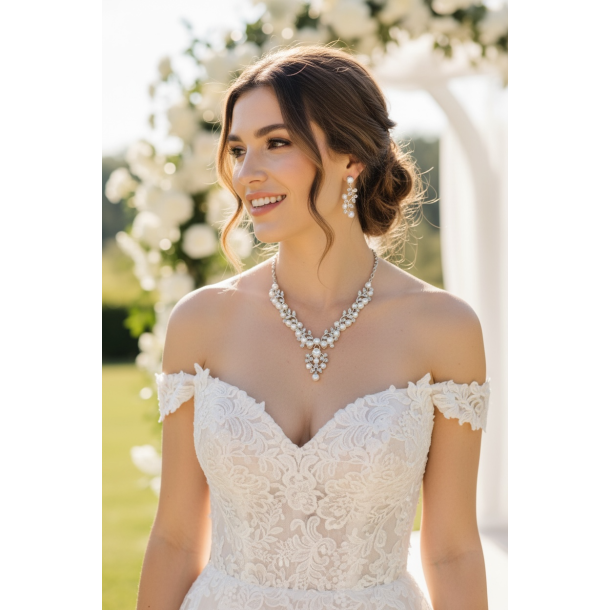 Elegant smykkes�t med perler og krystaller � s�lv