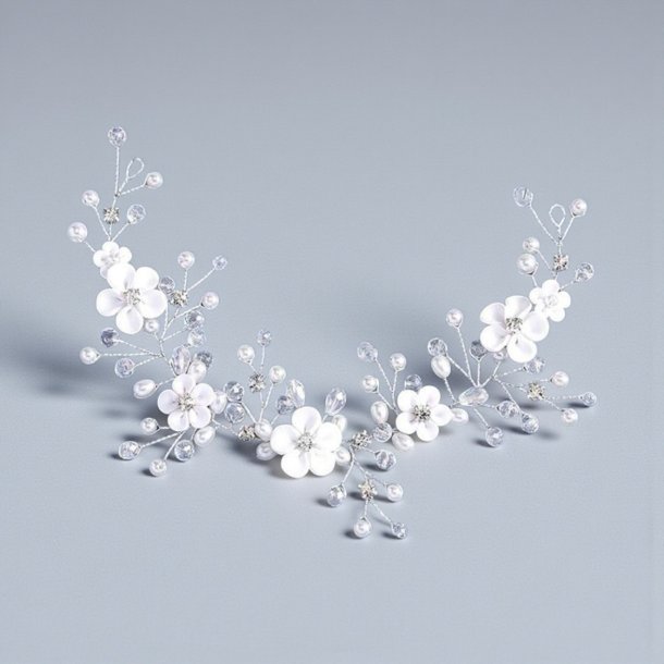 Elegant h�rsmykke med blomster, perler og krystaller � s�lv