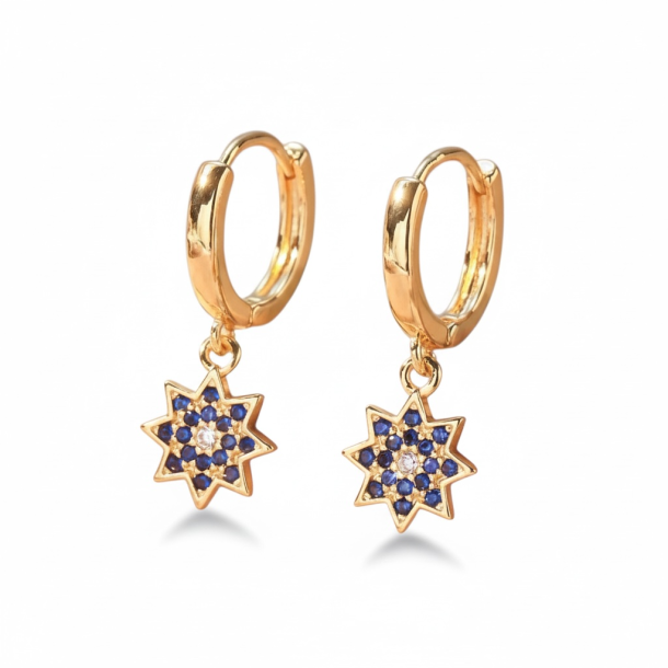 Guld hoops med stjernevedh�ng og bl� sten