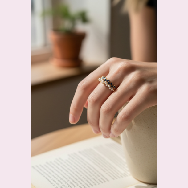 Ring � Justerbar med perler og bl� sten