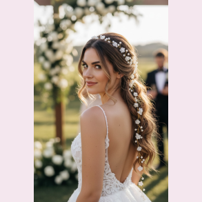 Langt h�r smykke med fine hvide blomster - Forgyldt