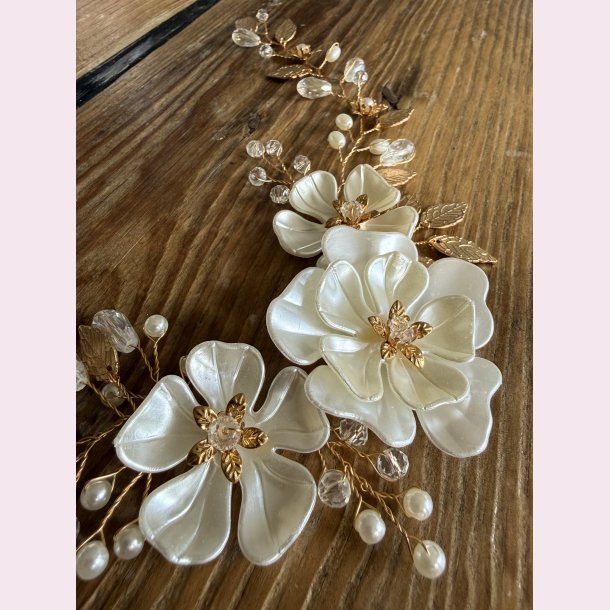 H�rsmykke med blomster, perler og krystaller - Guld