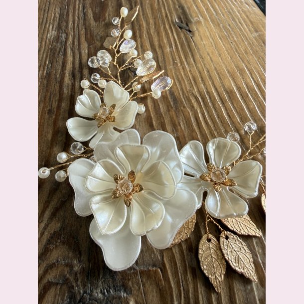 H�rsmykke med blomster, perler og krystaller - Guld