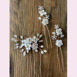H�rn�le s�t med blomster, perler og krystaller - 3 stk