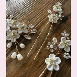H�rn�le s�t med blomster, perler og krystaller - 3 stk
