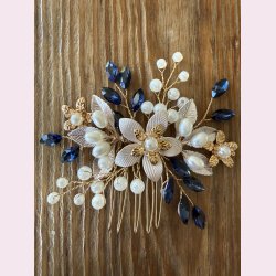 Eksklusiv h�rsmykke med blomster, perler og bl� sten