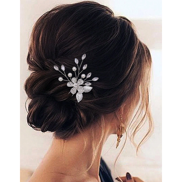 Slv hrnl med hvide perler og krystalperler