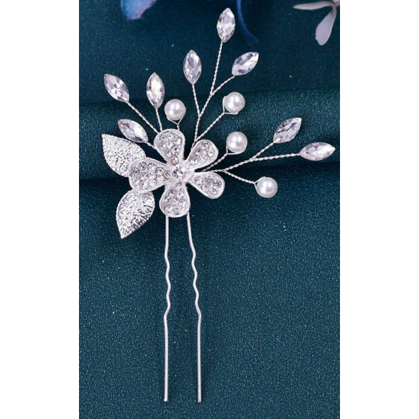 Slv hrnl med hvide perler og krystalperler