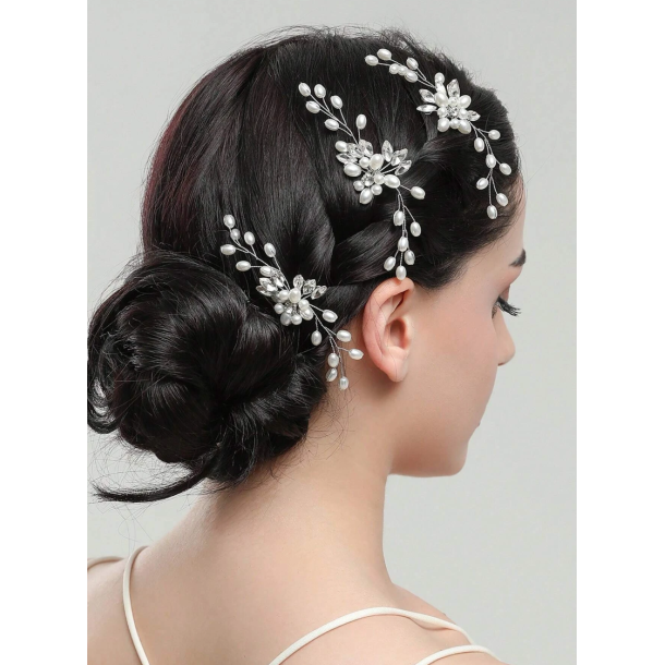 3 stk. Slv hrnle med hvide perler, krystalperler og slv blade 