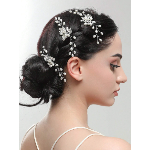 3 stk. Slv hrnle med hvide perler, krystalperler og slv blade 