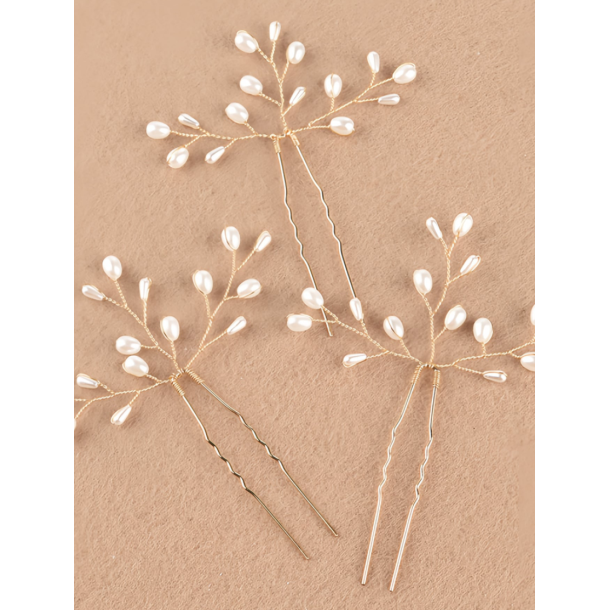 3 stk. Hrnle med hvide perler - Forgyldt