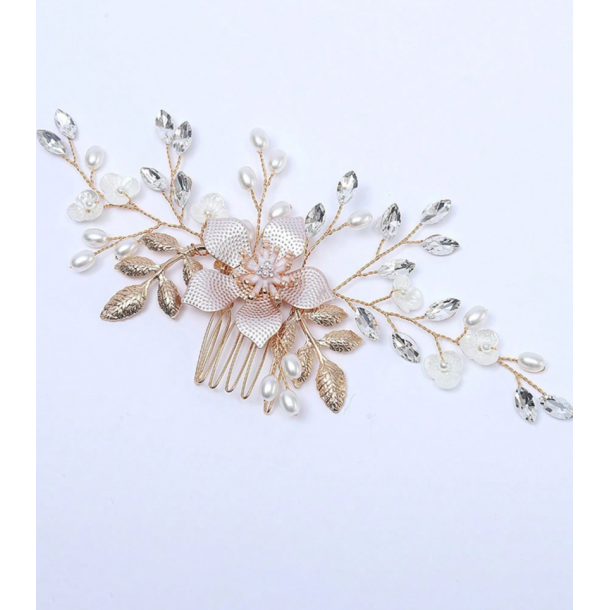 Guldfarvet hrnl med blomster, krystalperler og hvideperler 