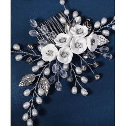 Slv hrnl med smukke hvide perler, slv blade og hvide blomster