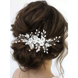 Slv hrnl med smukke hvide perler, slv blade og hvide blomster