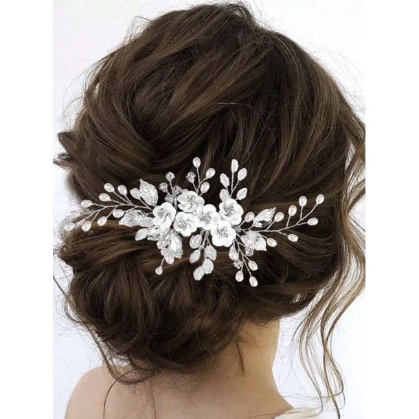 Slv hrnl med smukke hvide perler, slv blade og hvide blomster