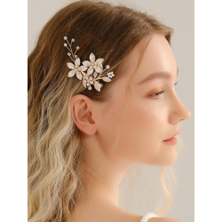 Guldfarvet hrnl med blomster, krystalperler og hvideperler 