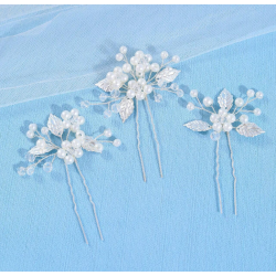 3 stk. Slv hrnle med hvide perler, krystalperler og slv blade 