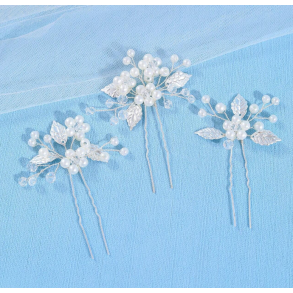 3 stk. Slv hrnle med hvide perler, krystalperler og slv blade 