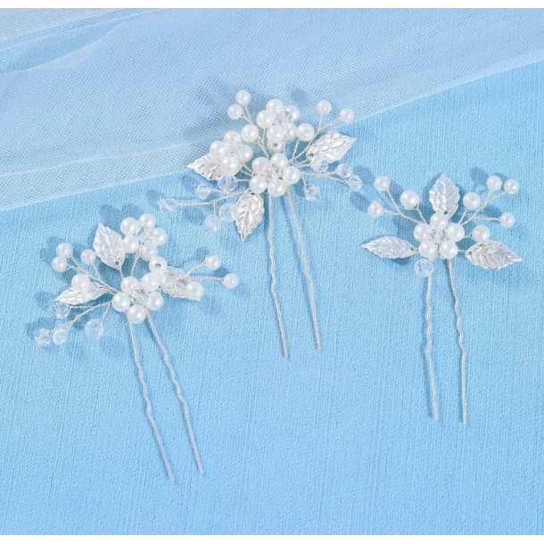 3 stk. Slv hrnle med hvide perler, krystalperler og slv blade 