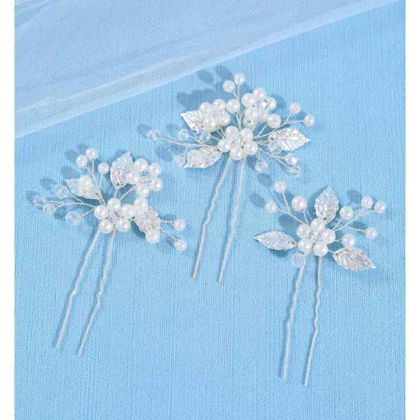 3 stk. Slv hrnle med hvide perler, krystalperler og slv blade 