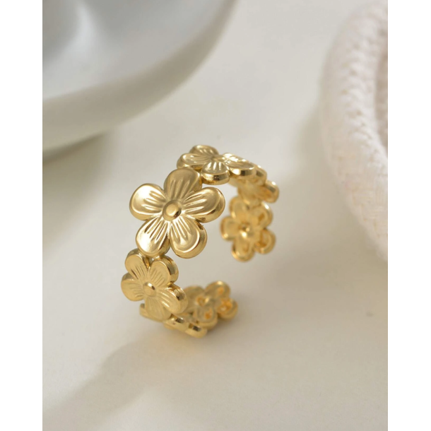 Justerbar ring med smukt blomster mnster - Forgyldt