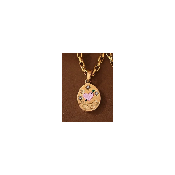 Smuk halskde med lyserdt hjerte og zirkonia sten