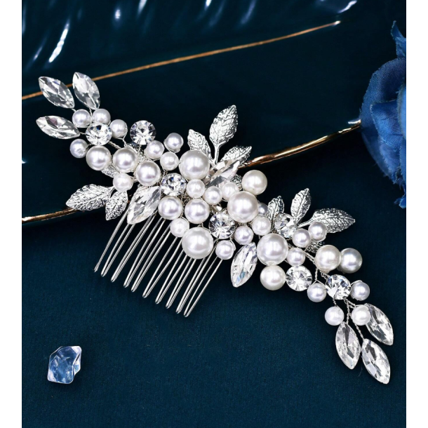 Slv hrnl med krystalpeler og slv blade