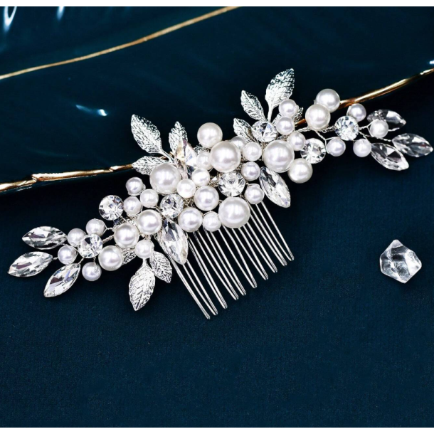 Slv hrnl med krystalpeler og slv blade