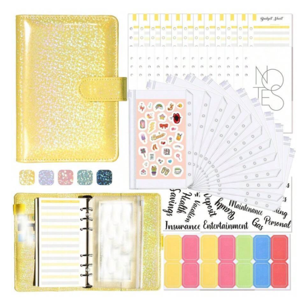 Luksus A6 Cash Stuffing binder - Gul med glimmer