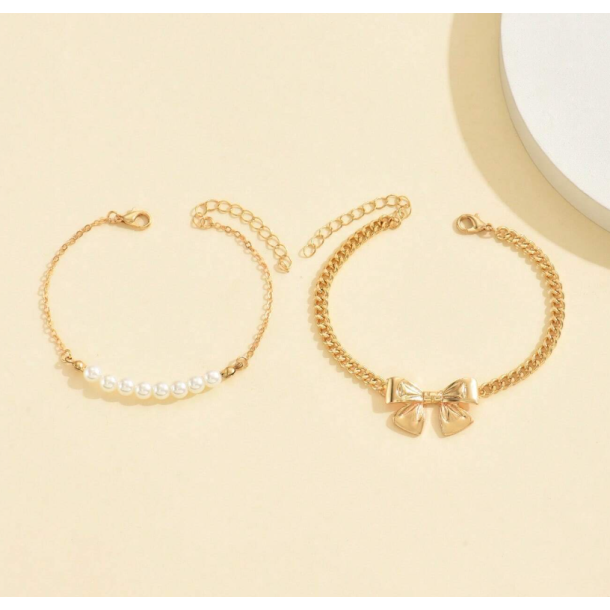 2 Stk. Armbnd med hvide perler og sd sljfe Forgyldt