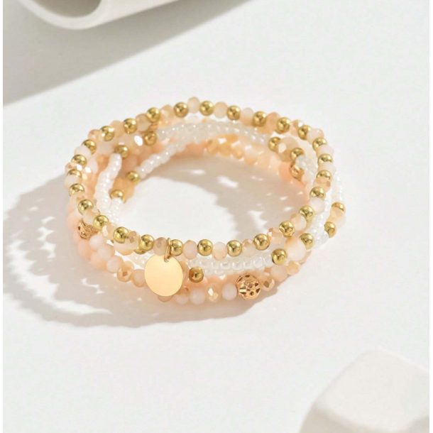 5 Stk. Armbnd med hvide og forgyldte perler - Sart Rosa