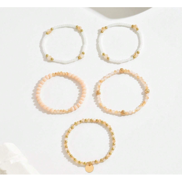 5 Stk. Armbnd med hvide og forgyldte perler - Sart Rosa