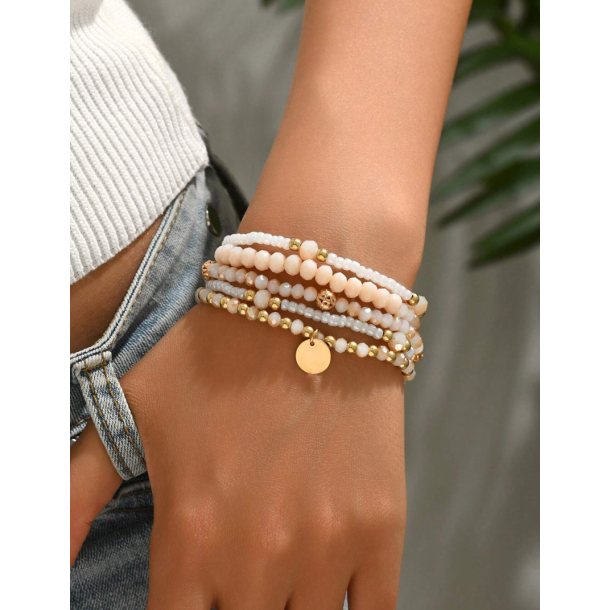 5 Stk. Armbnd med hvide og forgyldte perler - Sart Rosa
