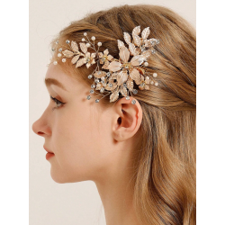 Guldfarvet hrnl med blomster, krystalperler og hvideperler 