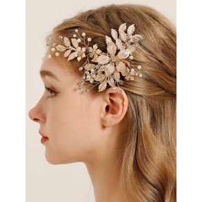 Guldfarvet hrnl med blomster, krystalperler og hvideperler 