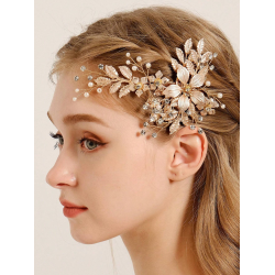 Guldfarvet hrnl med blomster, krystalperler og hvideperler 