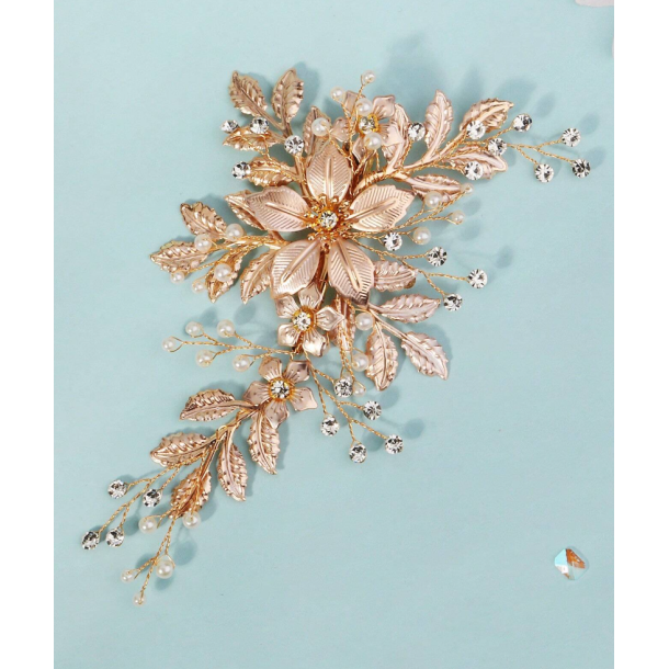 Guldfarvet hrnl med blomster, krystalperler og hvideperler 