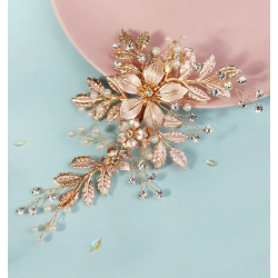 Guldfarvet hrnl med blomster, krystalperler og hvideperler 