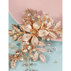 Guldfarvet hrnl med blomster, krystalperler og hvideperler 